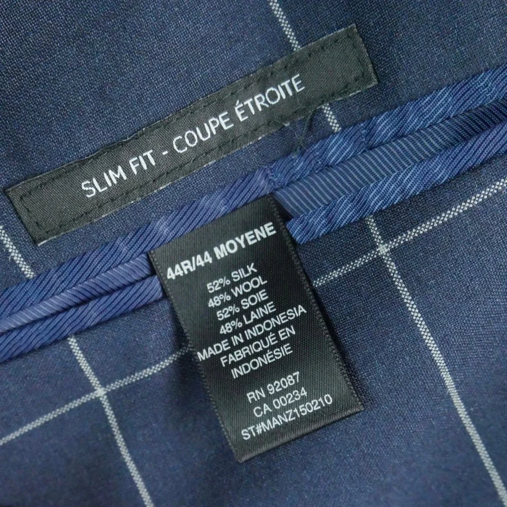Saks Fifth Avenue Mens Navy Windowpane Silk Wool Slim Fit Blazer Sport Coat 44R